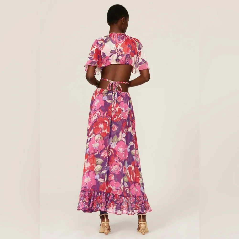 MISA Los Angeles Floral Chiffon Midi Dress Boho Pink Purple Button Front L - Picture 2 of 10